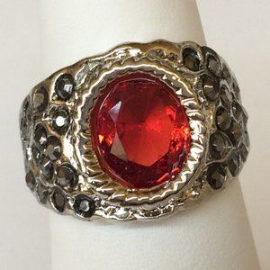 Vintage Silver Art Deco Boho Ruby Cocktail Ring Size 7 8 Plated Red Stone